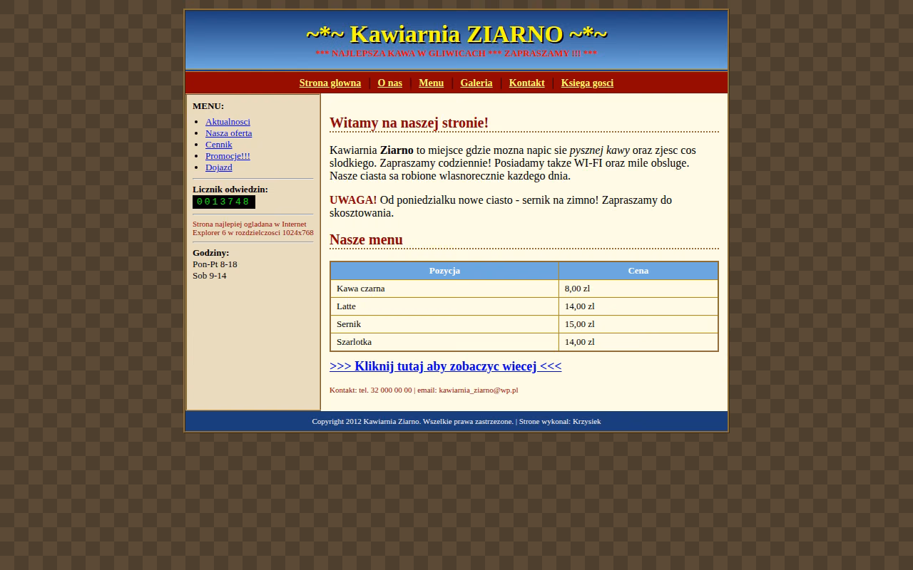Przestarzała strona kawiarni w stylu z 2012 roku