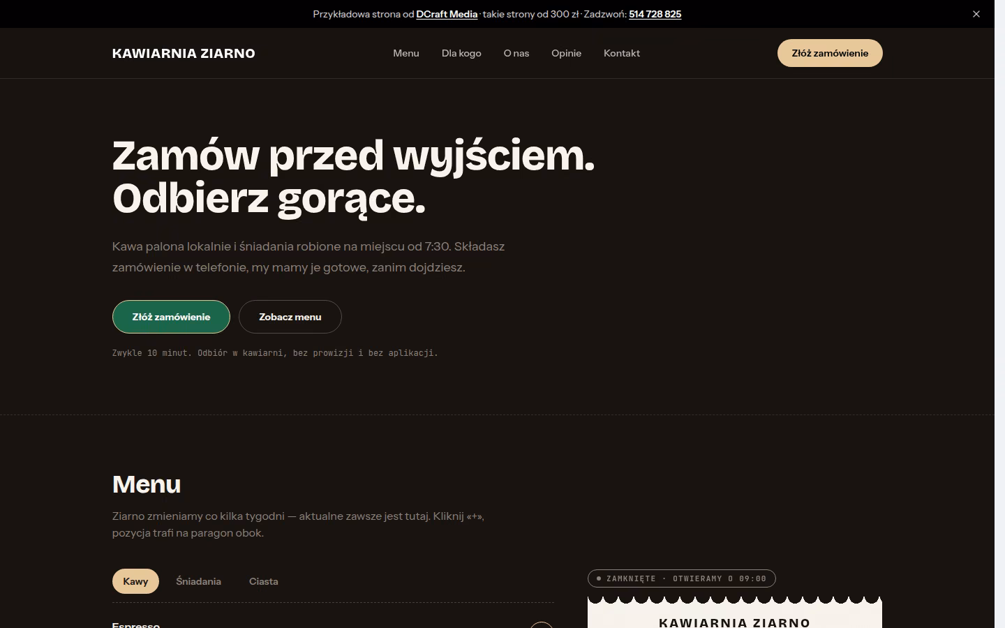 Przykładowa strona: Kawiarnia Ziarno